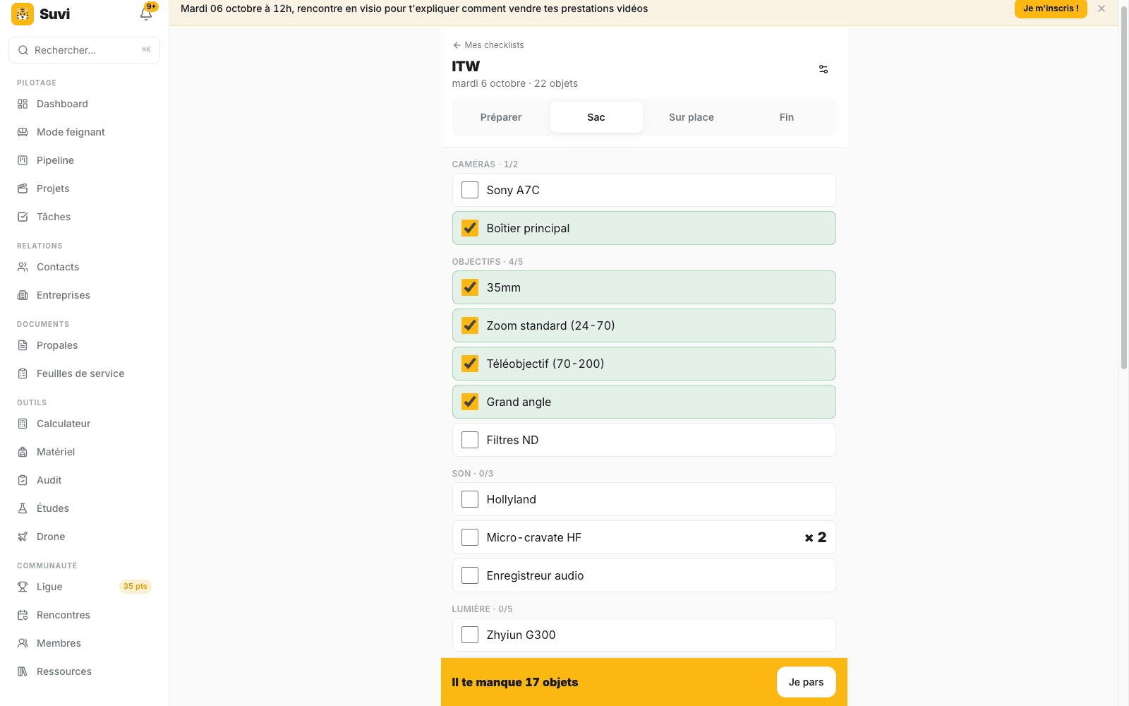 Matériel et checklists dans Suvi