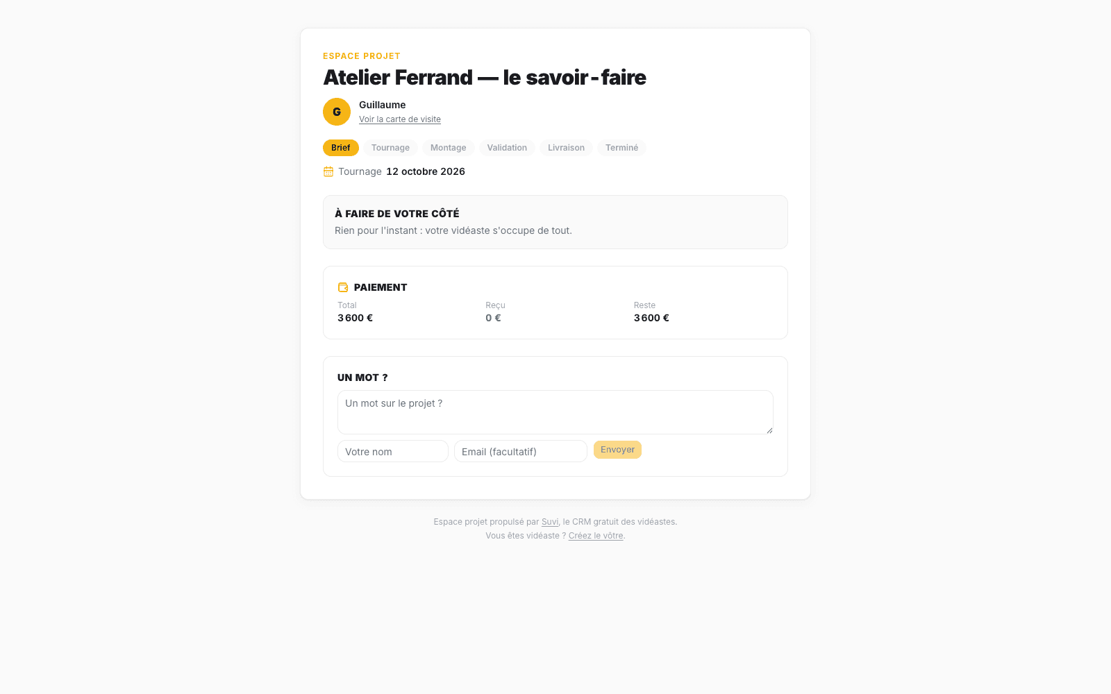 L'espace client d'un projet dans Suvi